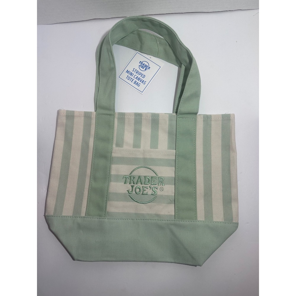 Trader Joes Mini Canvas Tote Bag Sage Green Striped Limited Edition NWT
